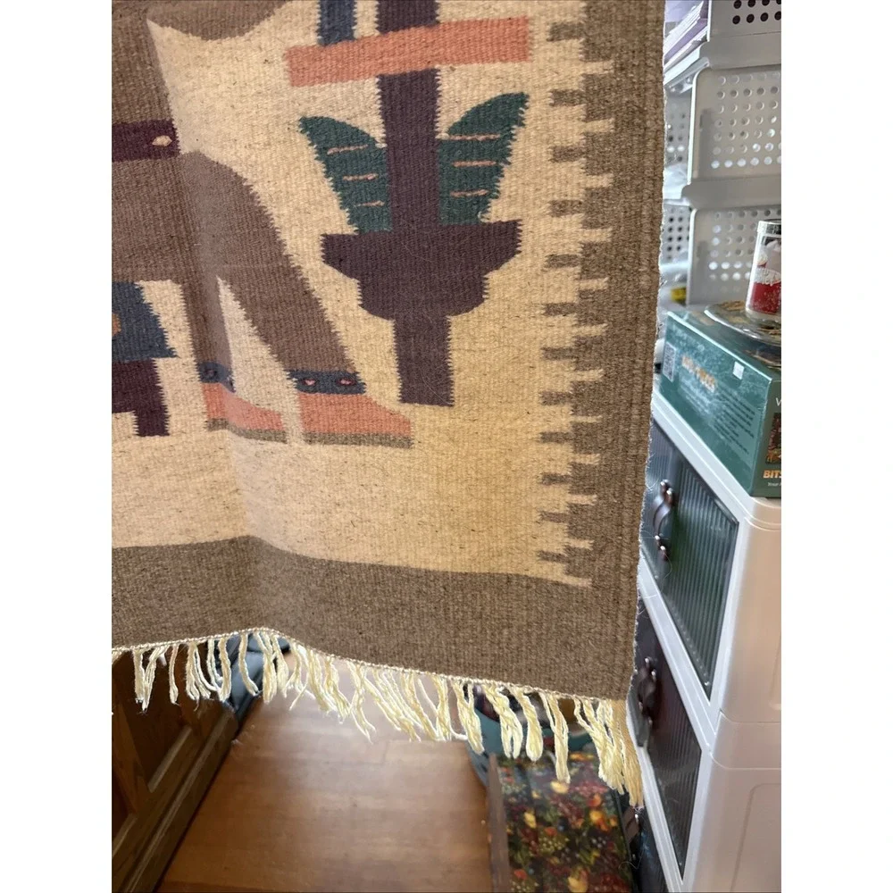 Vtg Rug Wool Hand Woven Aztec Pictorial Mexico Tapestry Prayer Rug/ Hang 36